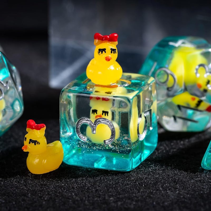 cusdie DND Dice Set - 7-Piece Transparent Resin Dice with Bow-Tied Duck Design, Perfect for Board Game Enthusiasts, Gifts, and Collectors - Comes with Velvet Pouch (Yellow Duck w/Bow) - Image 4